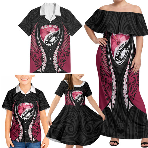 North Harbour 2026 Rugby Custom Family Matching Off Shoulder Maxi Dress and Hawaiian Shirt NZ Maori Silver Fern