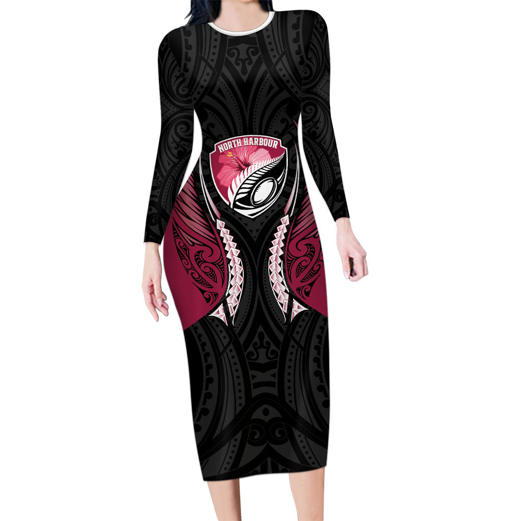 North Harbour 2026 Rugby Custom Long Sleeve Bodycon Dress NZ Maori Silver Fern
