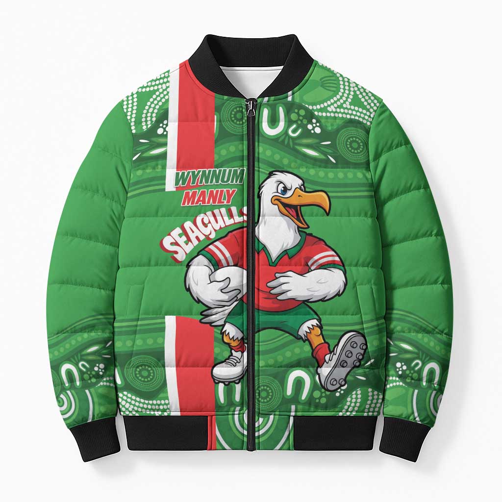 Wynnum Rugby Custom Bomber Puffer Jacket Go Manly Seagulls Aboriginal Art - Aussie Hoodie