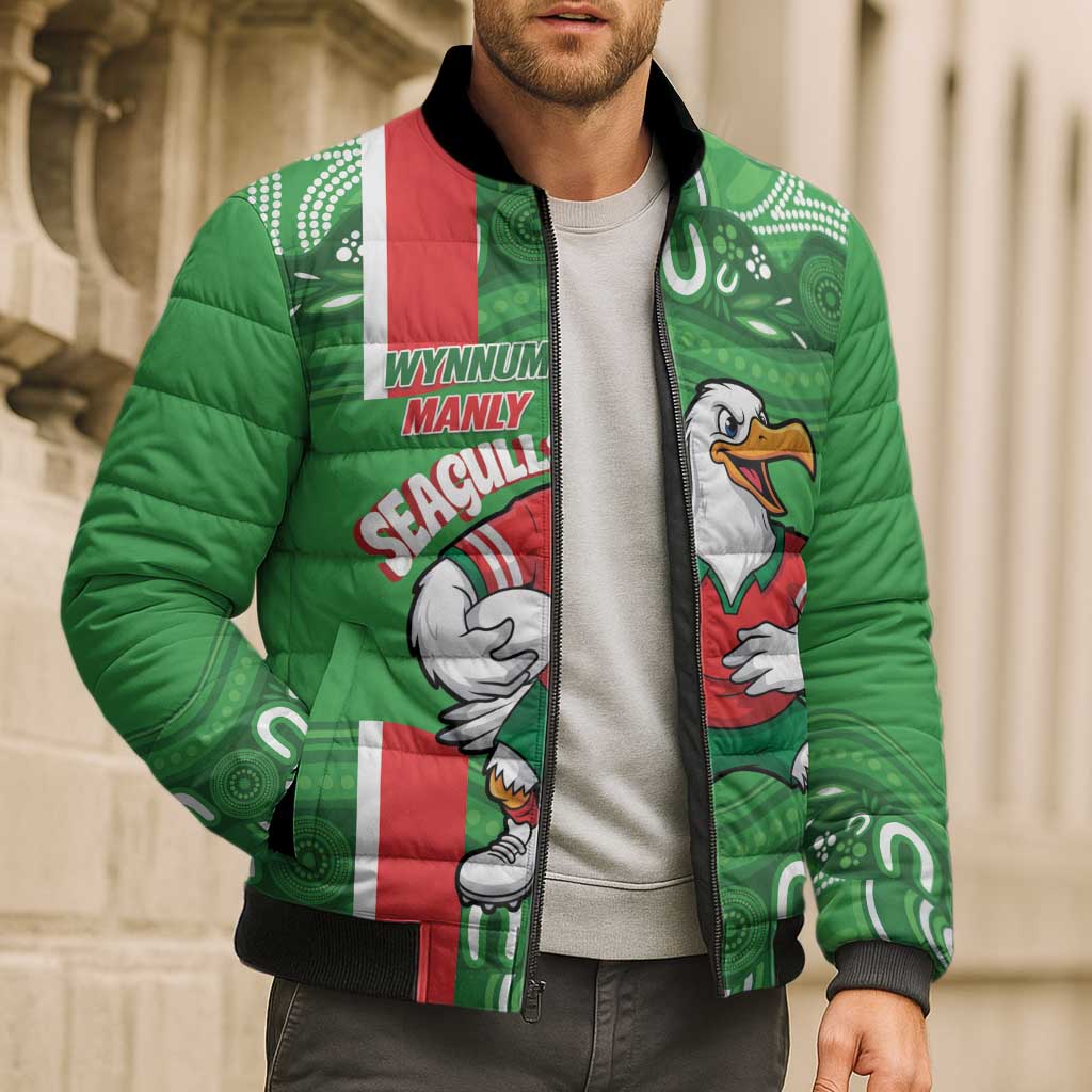 Wynnum Rugby Custom Bomber Puffer Jacket Go Manly Seagulls Aboriginal Art - Aussie Hoodie