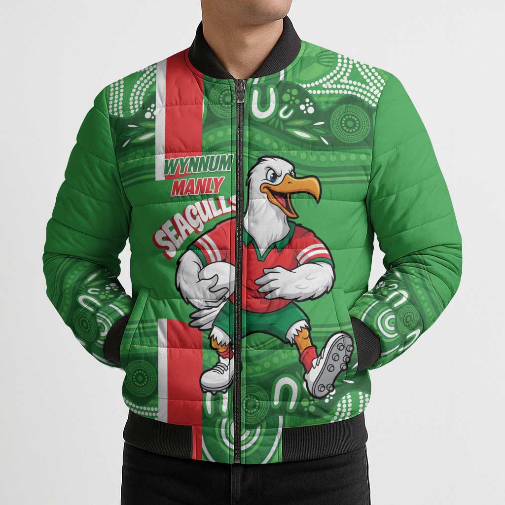 Wynnum Rugby Custom Bomber Puffer Jacket Go Manly Seagulls Aboriginal Art - Aussie Hoodie