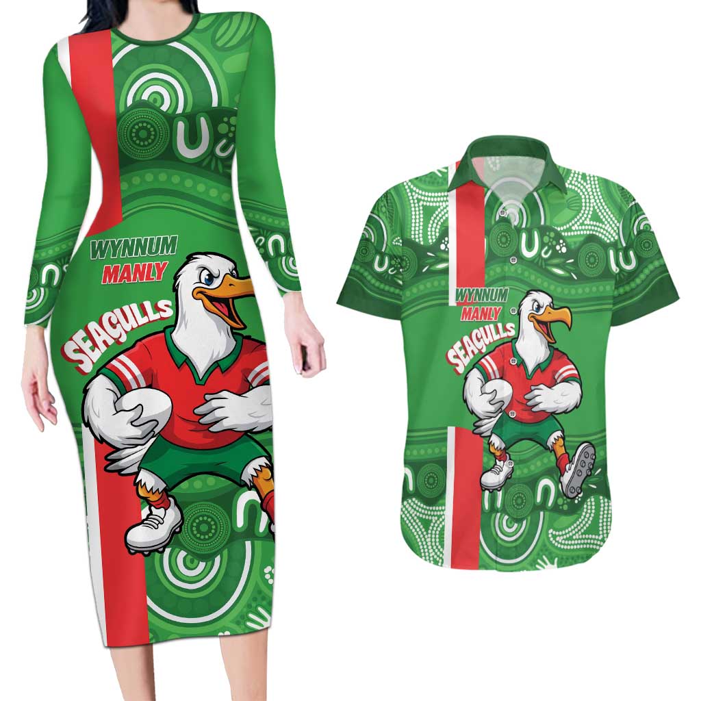 Wynnum Rugby Custom Couples Matching Long Sleeve Bodycon Dress and Hawaiian Shirt Go Manly Seagulls Aboriginal Art - Aussie Hoodie