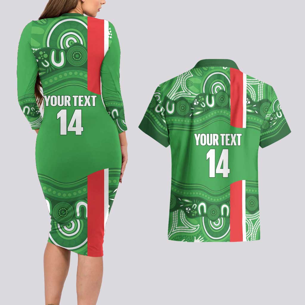 Wynnum Rugby Custom Couples Matching Long Sleeve Bodycon Dress and Hawaiian Shirt Go Manly Seagulls Aboriginal Art - Aussie Hoodie