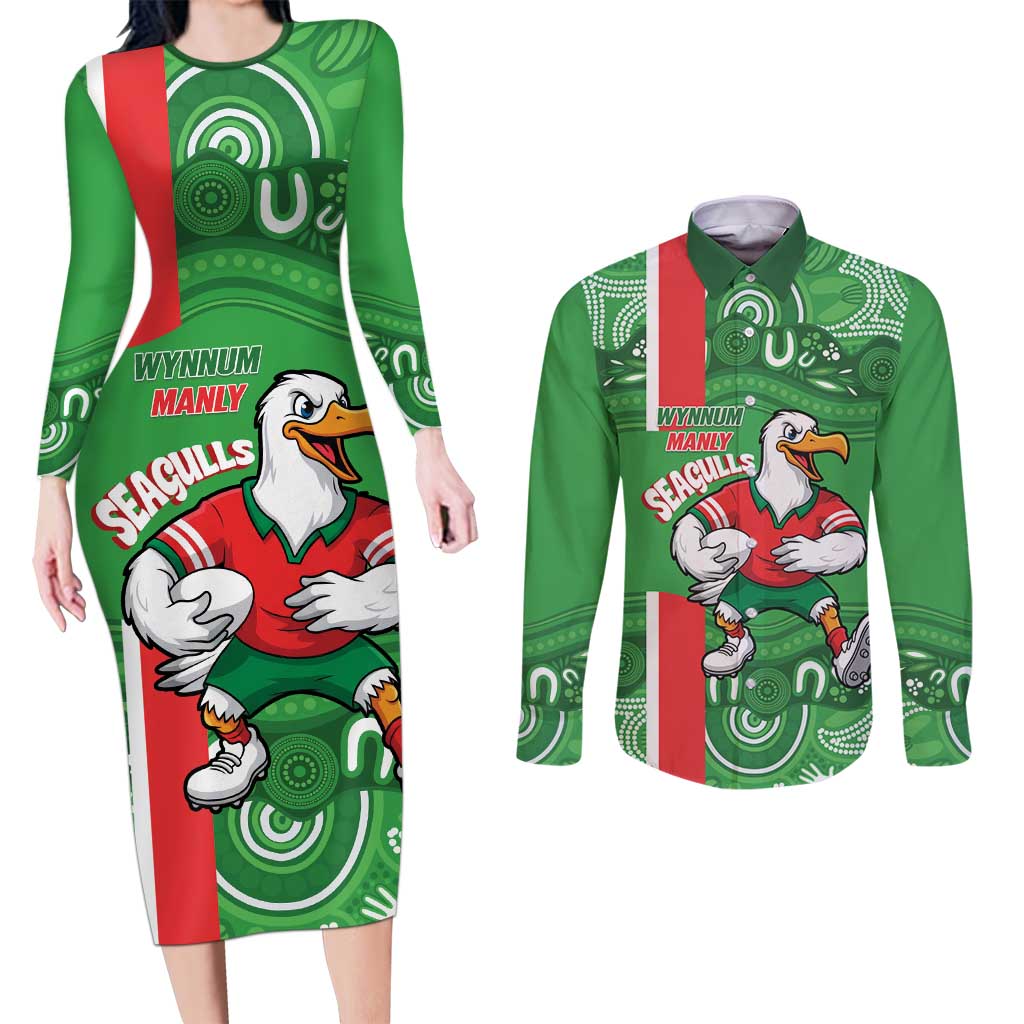 Wynnum Rugby Custom Couples Matching Long Sleeve Bodycon Dress and Long Sleeve Button Shirt Go Manly Seagulls Aboriginal Art - Aussie Hoodie