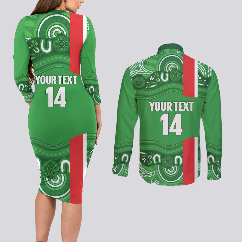 Wynnum Rugby Custom Couples Matching Long Sleeve Bodycon Dress and Long Sleeve Button Shirt Go Manly Seagulls Aboriginal Art - Aussie Hoodie
