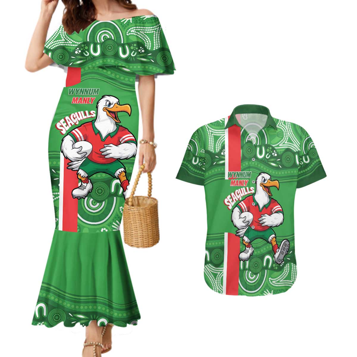 Wynnum Rugby Custom Couples Matching Mermaid Dress and Hawaiian Shirt Go Manly Seagulls Aboriginal Art - Aussie Hoodie