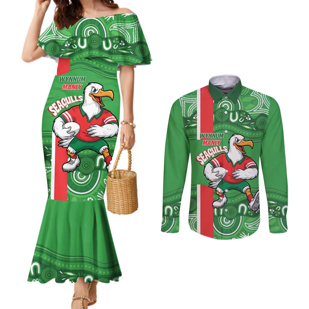 Wynnum Rugby Custom Couples Matching Mermaid Dress and Long Sleeve Button Shirt Go Manly Seagulls Aboriginal Art - Aussie Hoodie