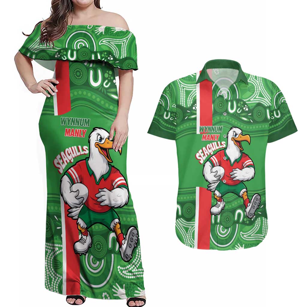 Wynnum Rugby Custom Couples Matching Off Shoulder Maxi Dress and Hawaiian Shirt Go Manly Seagulls Aboriginal Art - Aussie Hoodie