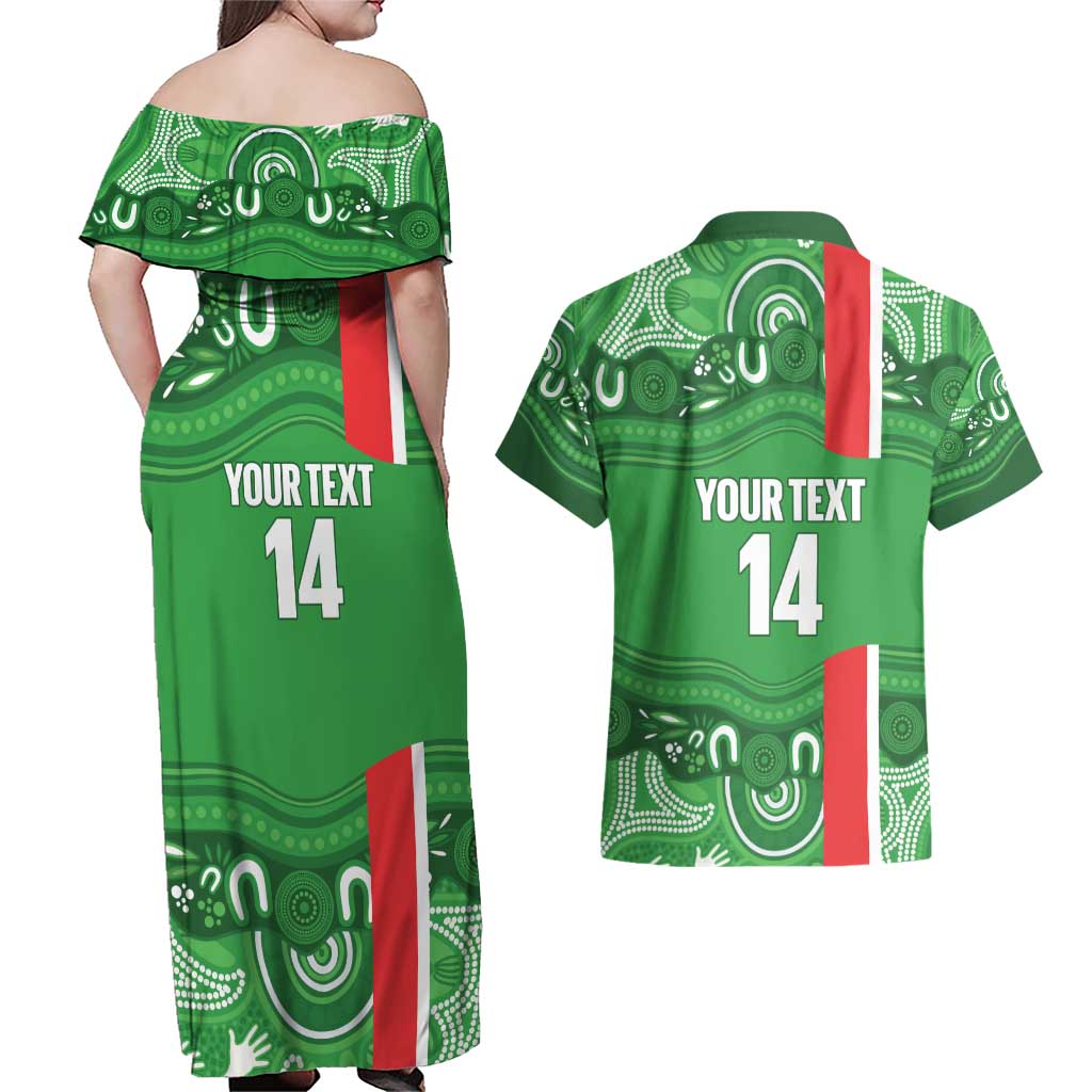 Wynnum Rugby Custom Couples Matching Off Shoulder Maxi Dress and Hawaiian Shirt Go Manly Seagulls Aboriginal Art - Aussie Hoodie