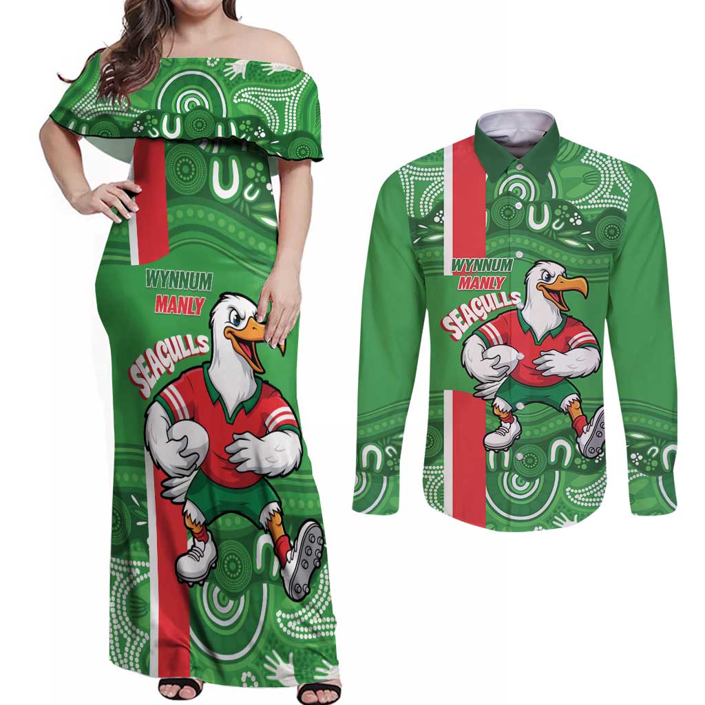 Wynnum Rugby Custom Couples Matching Off Shoulder Maxi Dress and Long Sleeve Button Shirt Go Manly Seagulls Aboriginal Art - Aussie Hoodie
