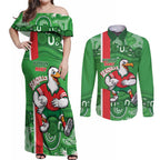 Wynnum Rugby Custom Couples Matching Off Shoulder Maxi Dress and Long Sleeve Button Shirt Go Manly Seagulls Aboriginal Art - Aussie Hoodie
