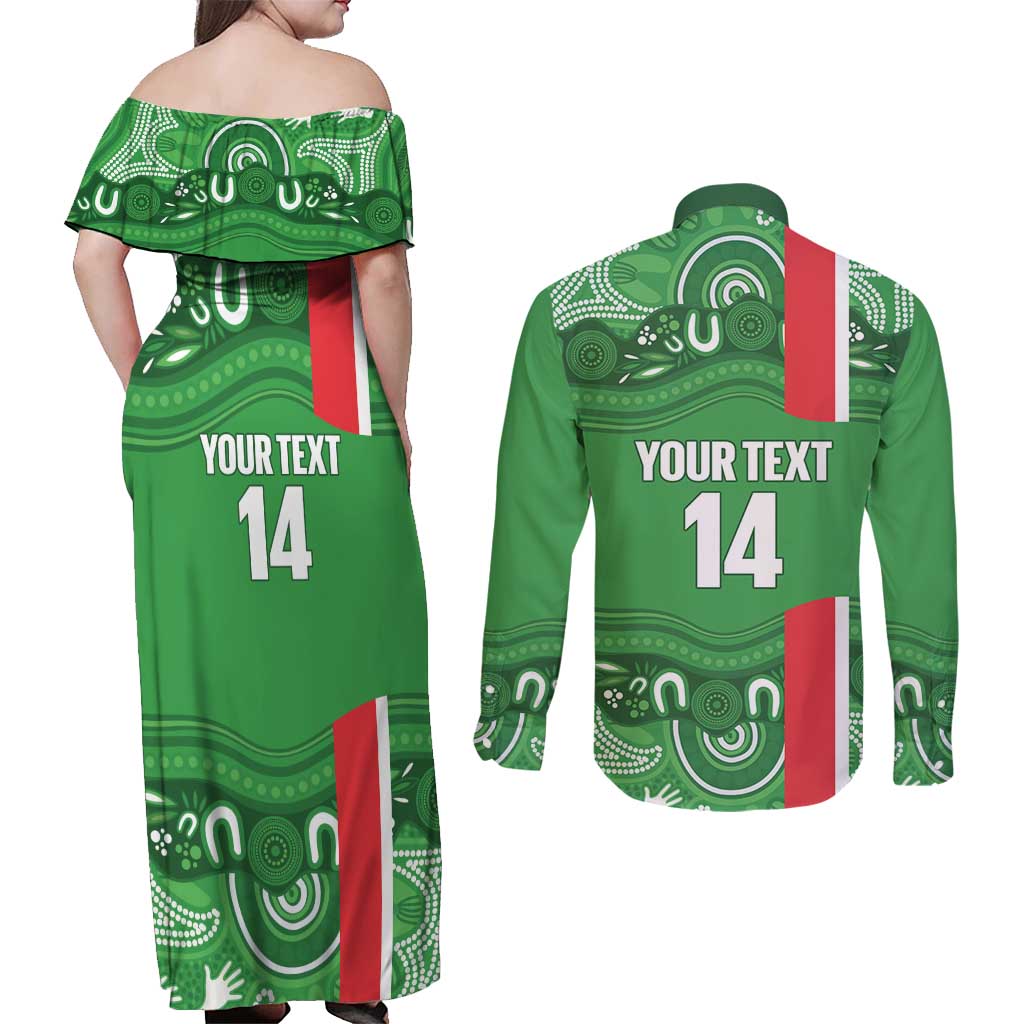 Wynnum Rugby Custom Couples Matching Off Shoulder Maxi Dress and Long Sleeve Button Shirt Go Manly Seagulls Aboriginal Art - Aussie Hoodie
