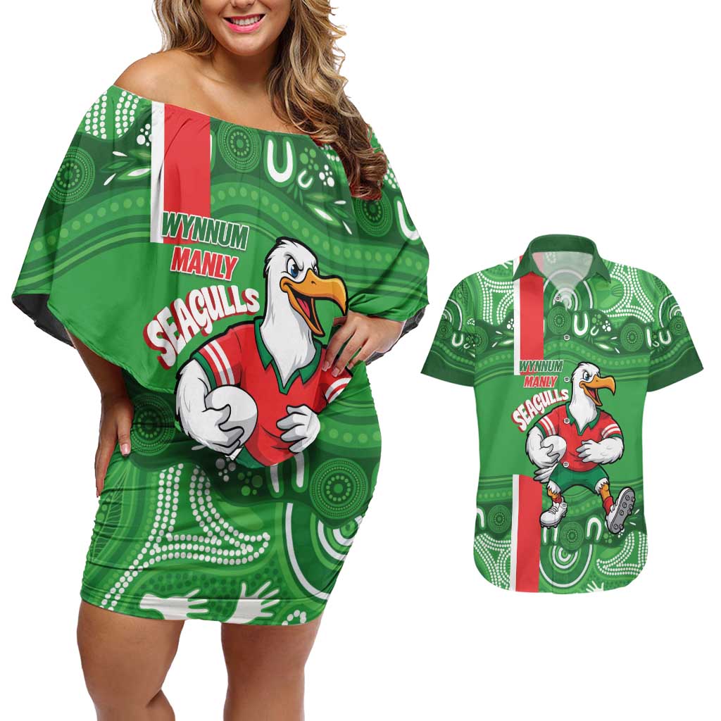 Wynnum Rugby Custom Couples Matching Off Shoulder Short Dress and Hawaiian Shirt Go Manly Seagulls Aboriginal Art - Aussie Hoodie