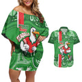 Wynnum Rugby Custom Couples Matching Off Shoulder Short Dress and Hawaiian Shirt Go Manly Seagulls Aboriginal Art - Aussie Hoodie