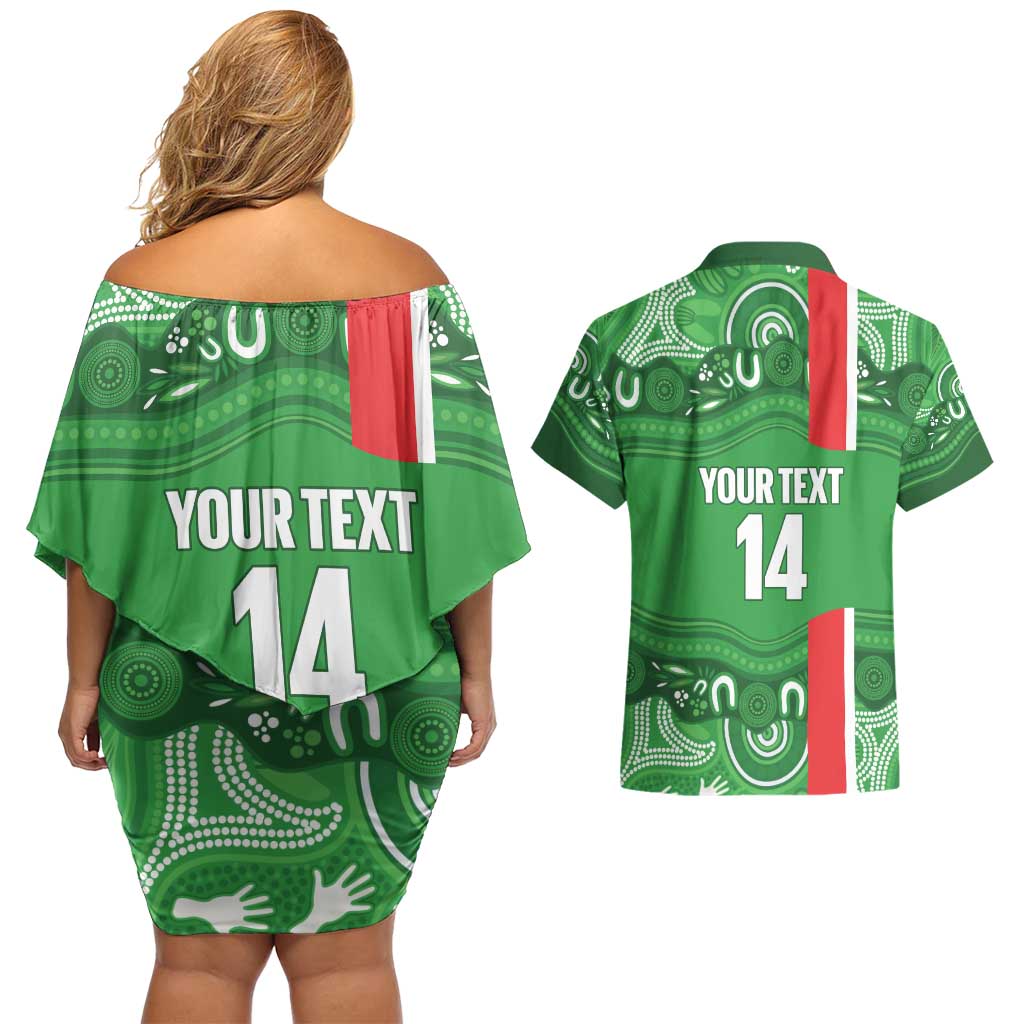Wynnum Rugby Custom Couples Matching Off Shoulder Short Dress and Hawaiian Shirt Go Manly Seagulls Aboriginal Art - Aussie Hoodie