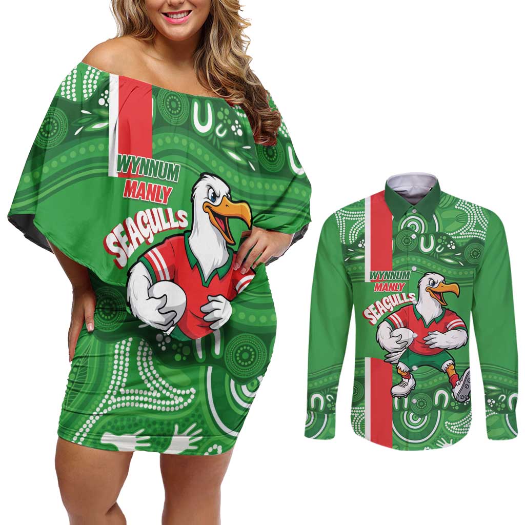 Wynnum Rugby Custom Couples Matching Off Shoulder Short Dress and Long Sleeve Button Shirt Go Manly Seagulls Aboriginal Art - Aussie Hoodie