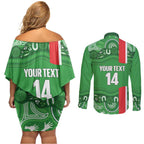 Wynnum Rugby Custom Couples Matching Off Shoulder Short Dress and Long Sleeve Button Shirt Go Manly Seagulls Aboriginal Art - Aussie Hoodie