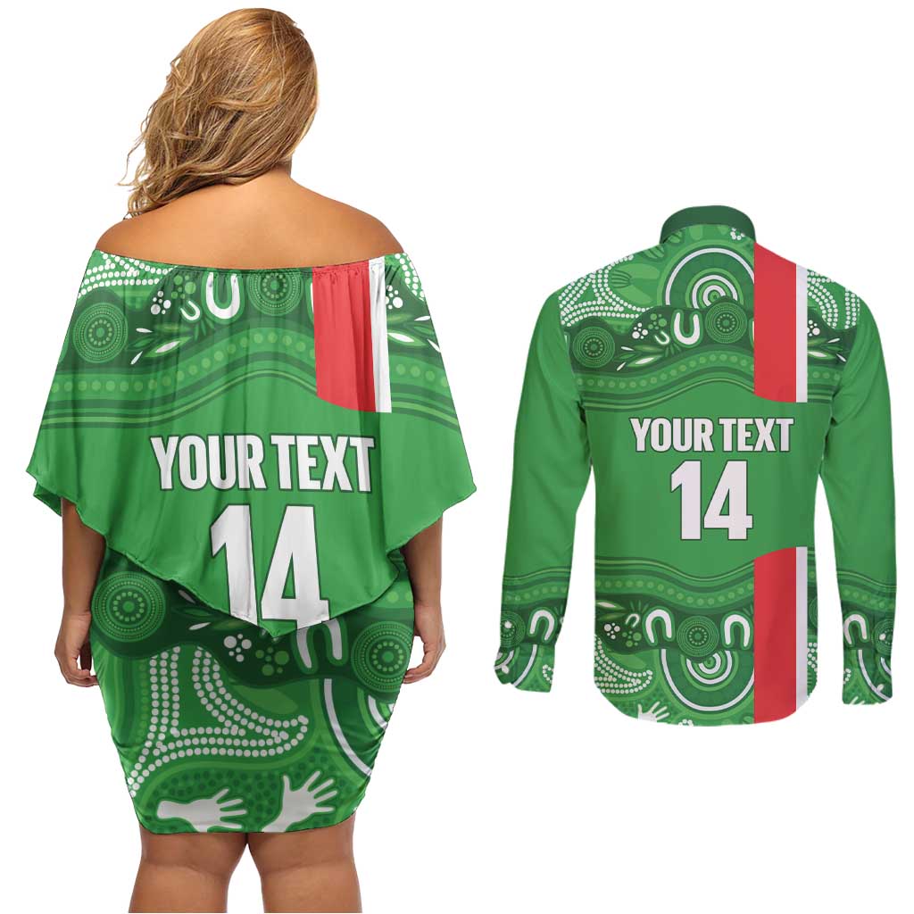 Wynnum Rugby Custom Couples Matching Off Shoulder Short Dress and Long Sleeve Button Shirt Go Manly Seagulls Aboriginal Art - Aussie Hoodie