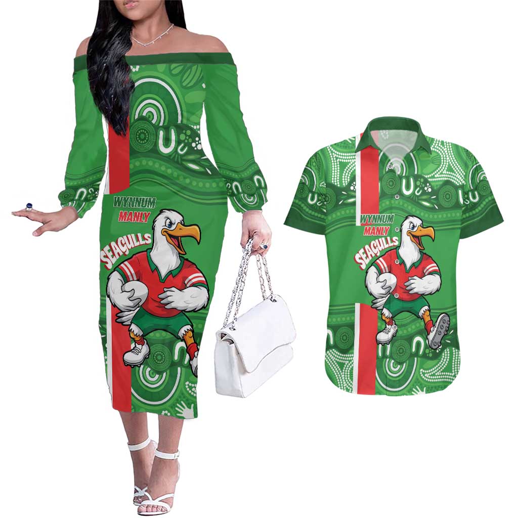 Wynnum Rugby Custom Couples Matching Off The Shoulder Long Sleeve Dress and Hawaiian Shirt Go Manly Seagulls Aboriginal Art - Aussie Hoodie
