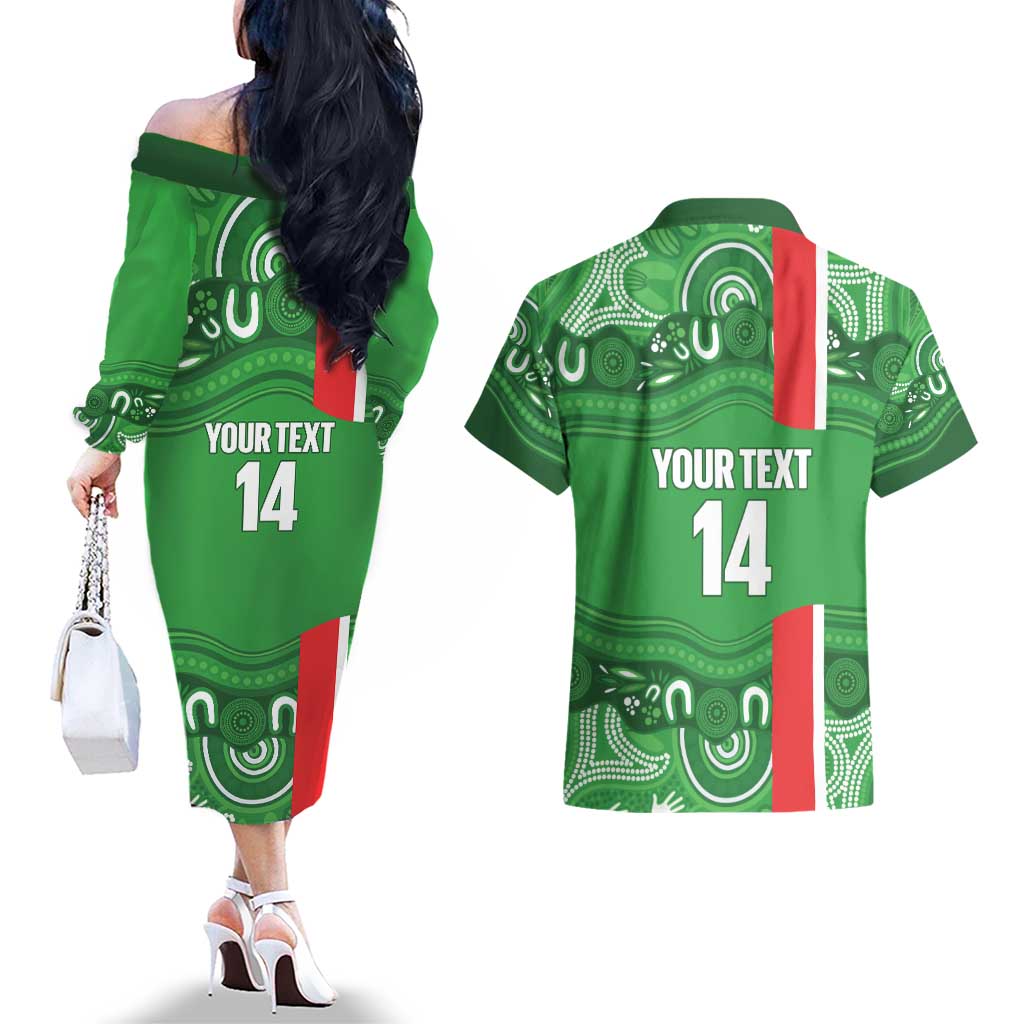 Wynnum Rugby Custom Couples Matching Off The Shoulder Long Sleeve Dress and Hawaiian Shirt Go Manly Seagulls Aboriginal Art - Aussie Hoodie