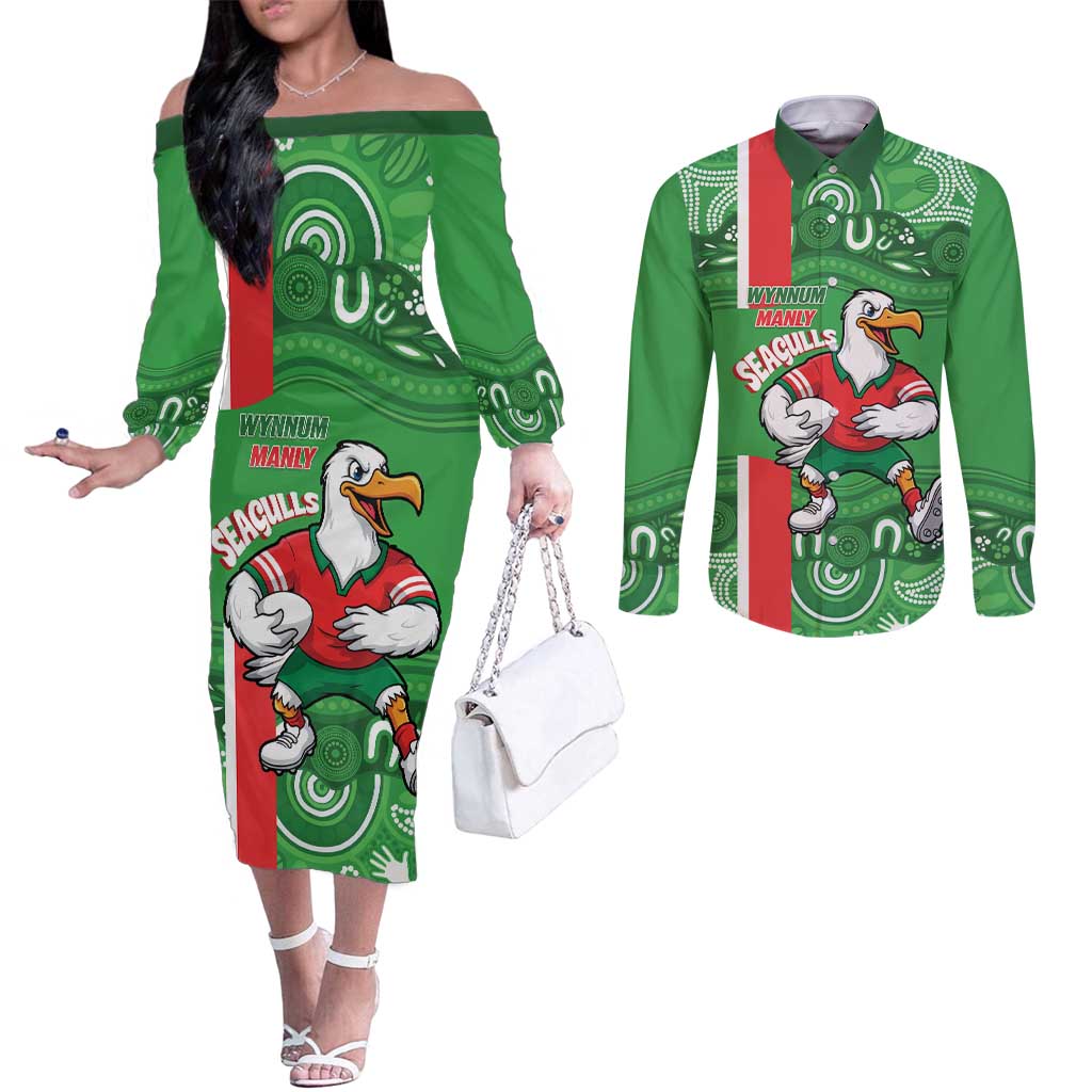 Wynnum Rugby Custom Couples Matching Off The Shoulder Long Sleeve Dress and Long Sleeve Button Shirt Go Manly Seagulls Aboriginal Art - Aussie Hoodie