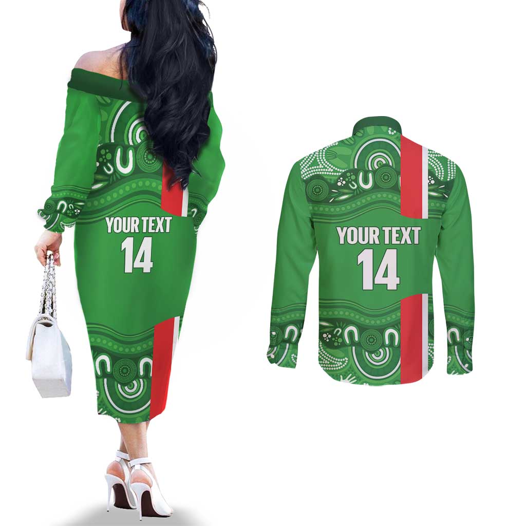 Wynnum Rugby Custom Couples Matching Off The Shoulder Long Sleeve Dress and Long Sleeve Button Shirt Go Manly Seagulls Aboriginal Art - Aussie Hoodie