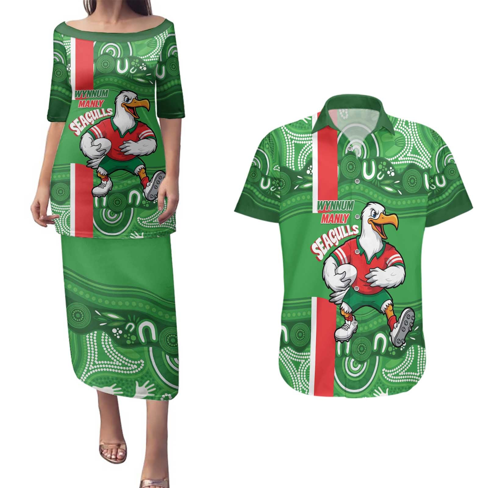 Wynnum Rugby Custom Couples Matching Puletasi and Hawaiian Shirt Go Manly Seagulls Aboriginal Art - Aussie Hoodie