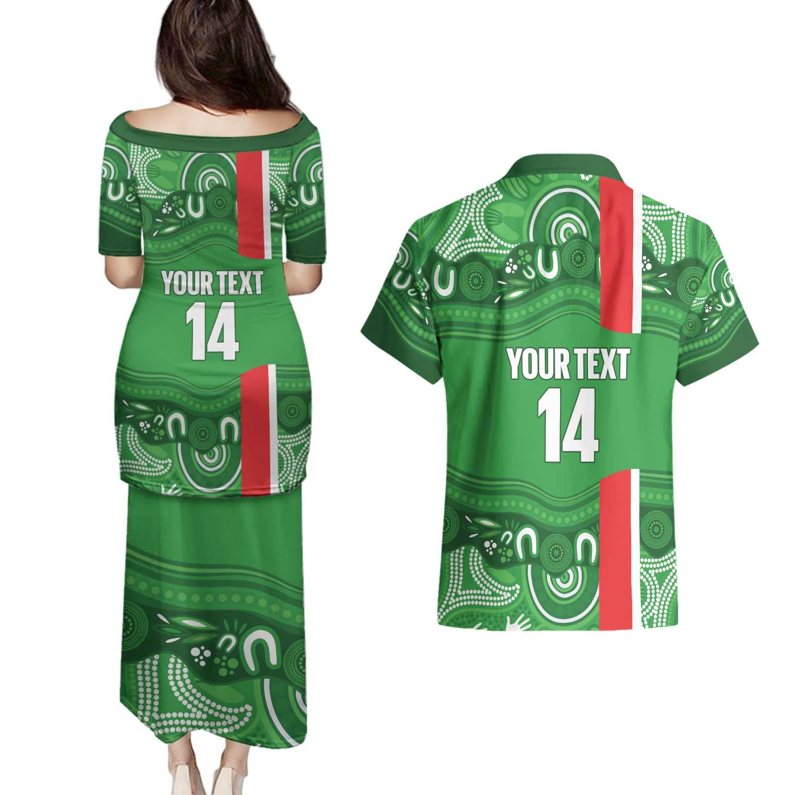 Wynnum Rugby Custom Couples Matching Puletasi and Hawaiian Shirt Go Manly Seagulls Aboriginal Art - Aussie Hoodie
