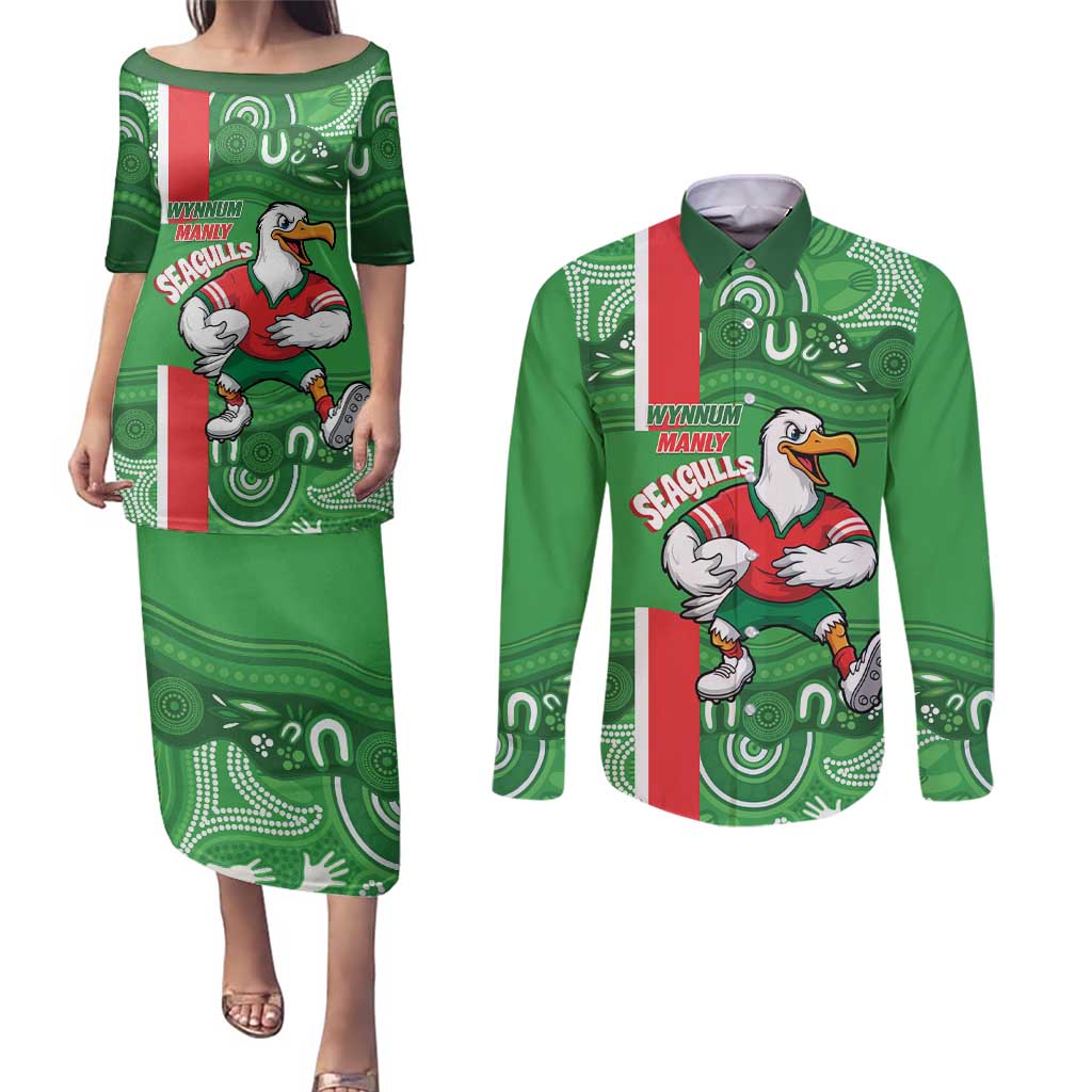 Wynnum Rugby Custom Couples Matching Puletasi and Long Sleeve Button Shirt Go Manly Seagulls Aboriginal Art - Aussie Hoodie