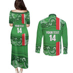 Wynnum Rugby Custom Couples Matching Puletasi and Long Sleeve Button Shirt Go Manly Seagulls Aboriginal Art - Aussie Hoodie