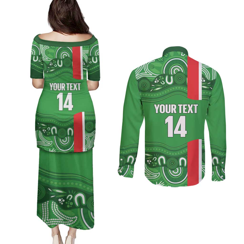 Wynnum Rugby Custom Couples Matching Puletasi and Long Sleeve Button Shirt Go Manly Seagulls Aboriginal Art - Aussie Hoodie
