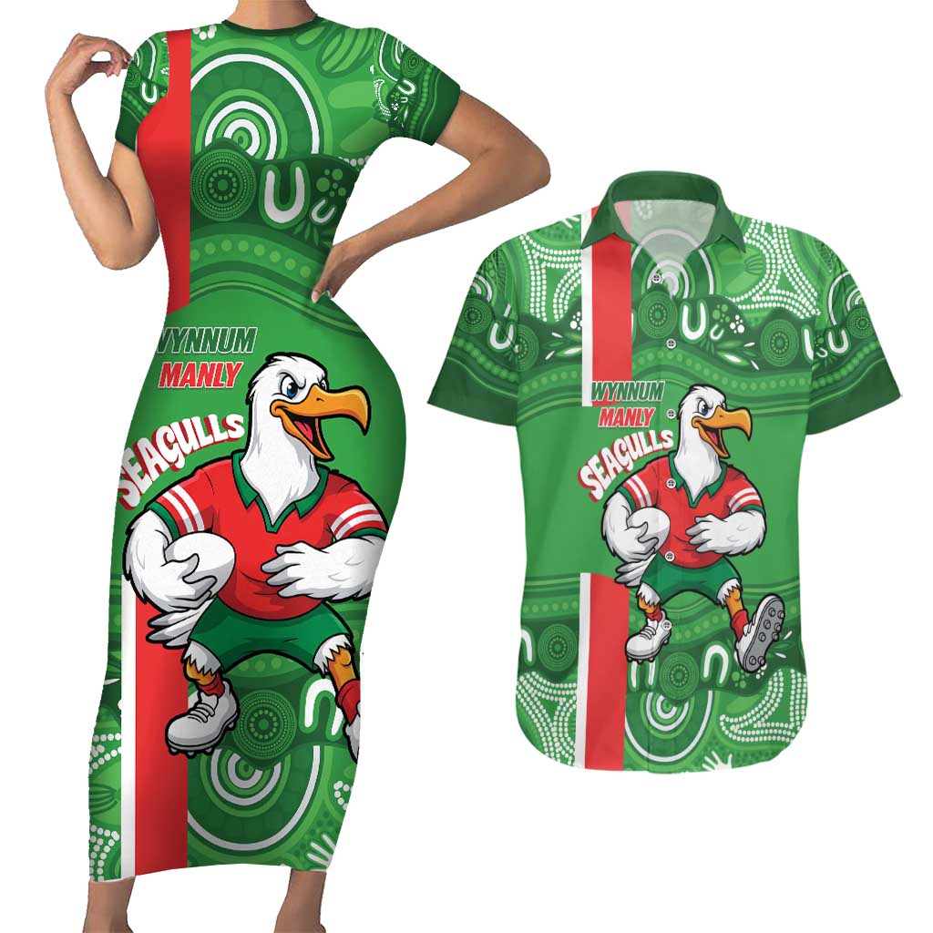 Wynnum Rugby Custom Couples Matching Short Sleeve Bodycon Dress and Hawaiian Shirt Go Manly Seagulls Aboriginal Art - Aussie Hoodie