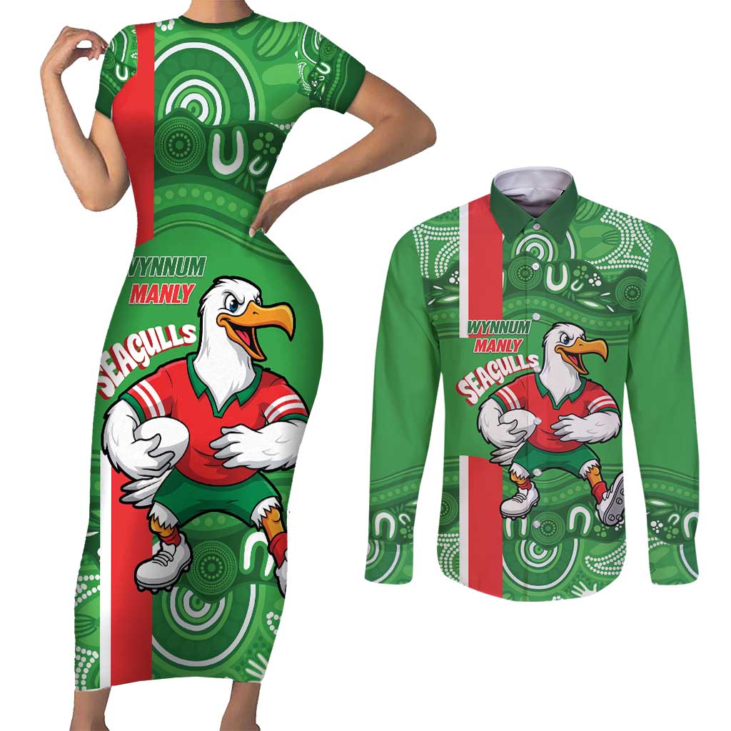 Wynnum Rugby Custom Couples Matching Short Sleeve Bodycon Dress and Long Sleeve Button Shirt Go Manly Seagulls Aboriginal Art - Aussie Hoodie