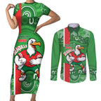 Wynnum Rugby Custom Couples Matching Short Sleeve Bodycon Dress and Long Sleeve Button Shirt Go Manly Seagulls Aboriginal Art - Aussie Hoodie