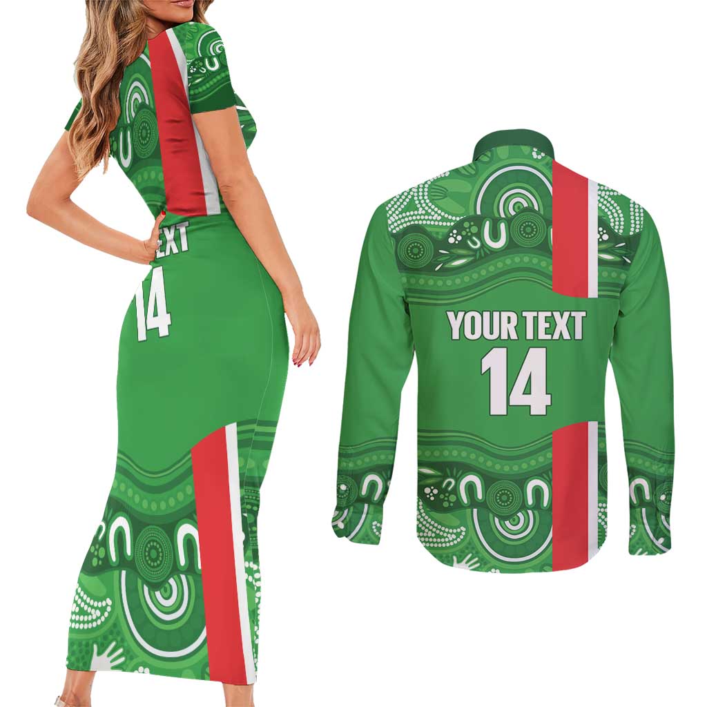 Wynnum Rugby Custom Couples Matching Short Sleeve Bodycon Dress and Long Sleeve Button Shirt Go Manly Seagulls Aboriginal Art - Aussie Hoodie