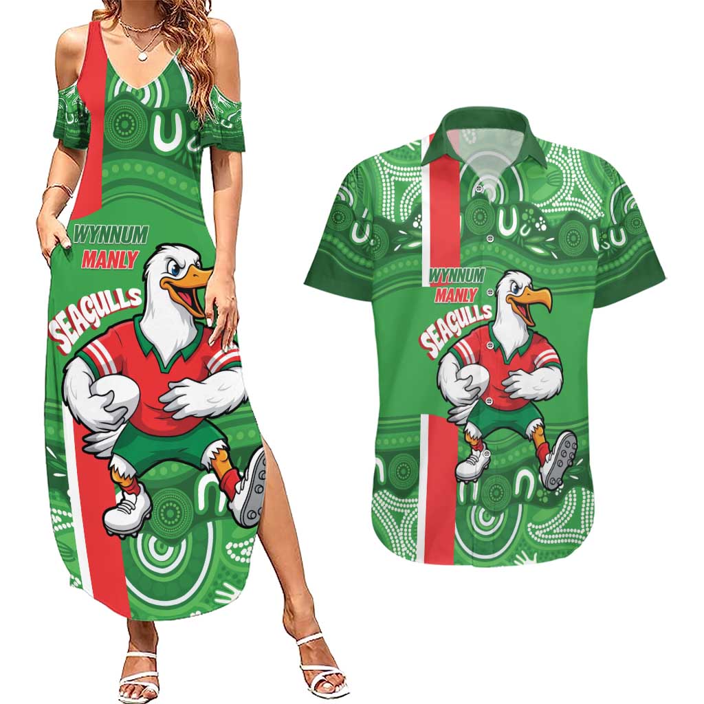 Wynnum Rugby Custom Couples Matching Summer Maxi Dress and Hawaiian Shirt Go Manly Seagulls Aboriginal Art - Aussie Hoodie