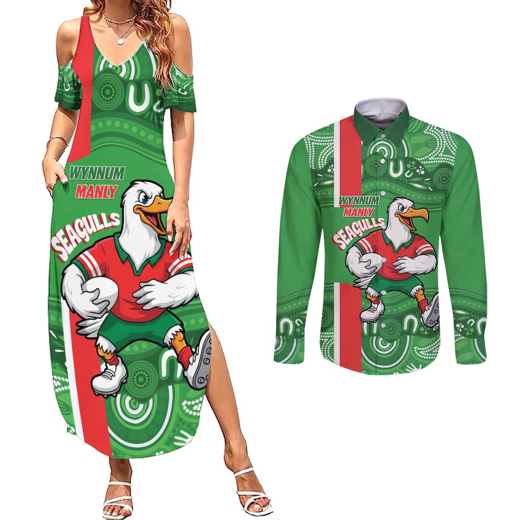 Wynnum Rugby Custom Couples Matching Summer Maxi Dress and Long Sleeve Button Shirt Go Manly Seagulls Aboriginal Art - Aussie Hoodie