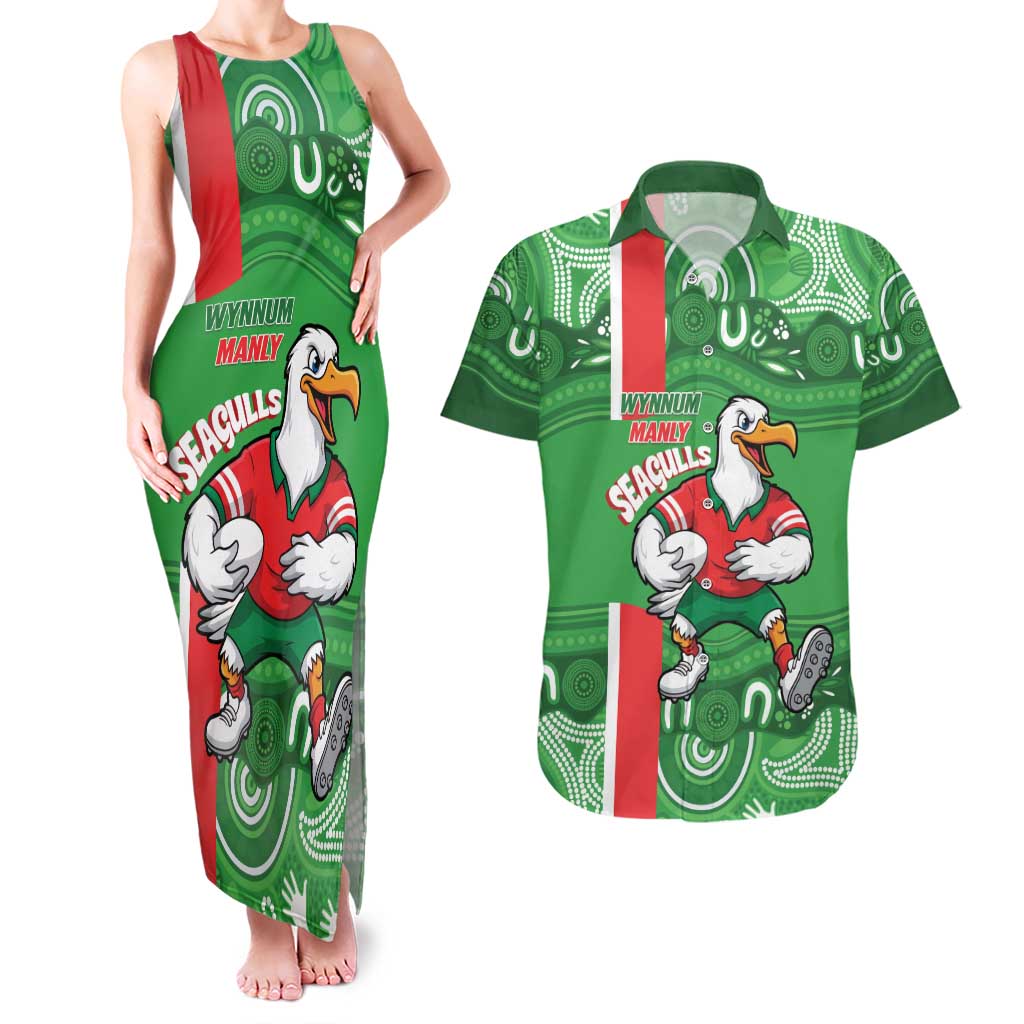 Wynnum Rugby Custom Couples Matching Tank Maxi Dress and Hawaiian Shirt Go Manly Seagulls Aboriginal Art - Aussie Hoodie