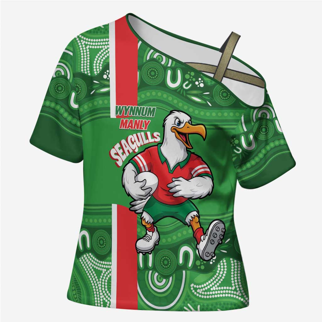 Wynnum Rugby Custom Cross Shoulder Shirt Go Manly Seagulls Aboriginal Art - Aussie Hoodie