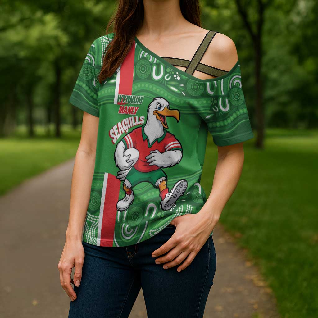 Wynnum Rugby Custom Cross Shoulder Shirt Go Manly Seagulls Aboriginal Art - Aussie Hoodie