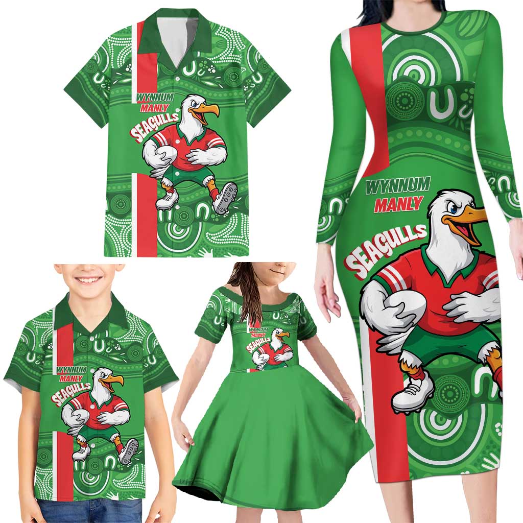 Wynnum Rugby Custom Family Matching Long Sleeve Bodycon Dress and Hawaiian Shirt Go Manly Seagulls Aboriginal Art - Aussie Hoodie