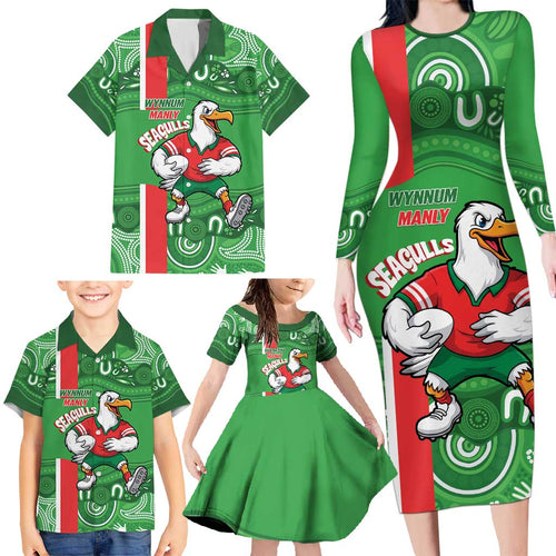 Wynnum Rugby Custom Family Matching Long Sleeve Bodycon Dress and Hawaiian Shirt Go Manly Seagulls Aboriginal Art - Aussie Hoodie