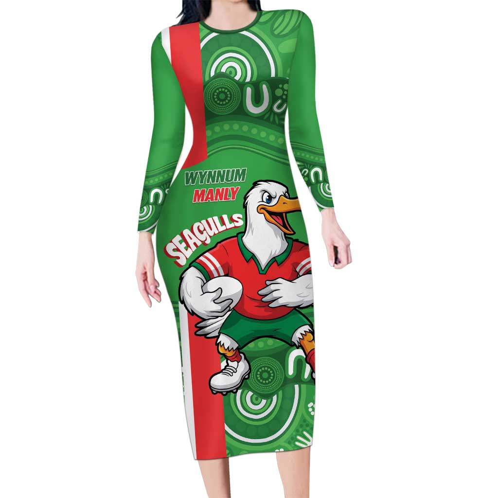 Wynnum Rugby Custom Family Matching Long Sleeve Bodycon Dress and Hawaiian Shirt Go Manly Seagulls Aboriginal Art - Aussie Hoodie