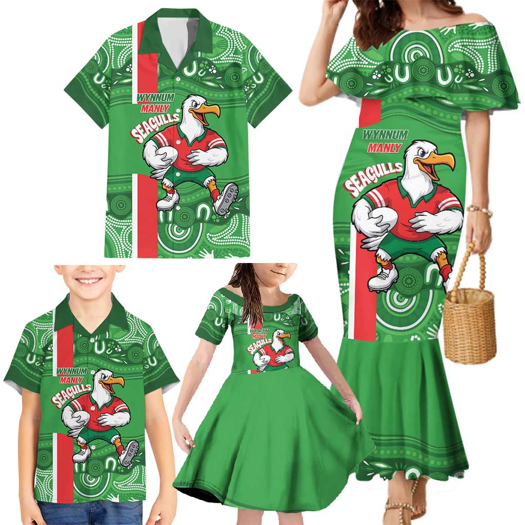 Wynnum Rugby Custom Family Matching Mermaid Dress and Hawaiian Shirt Go Manly Seagulls Aboriginal Art - Aussie Hoodie