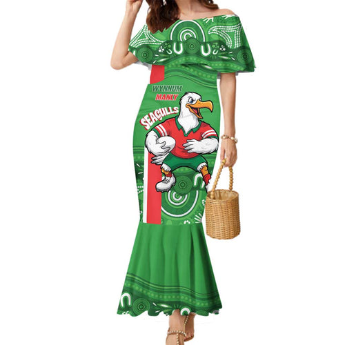 Wynnum Rugby Custom Family Matching Mermaid Dress and Hawaiian Shirt Go Manly Seagulls Aboriginal Art - Aussie Hoodie