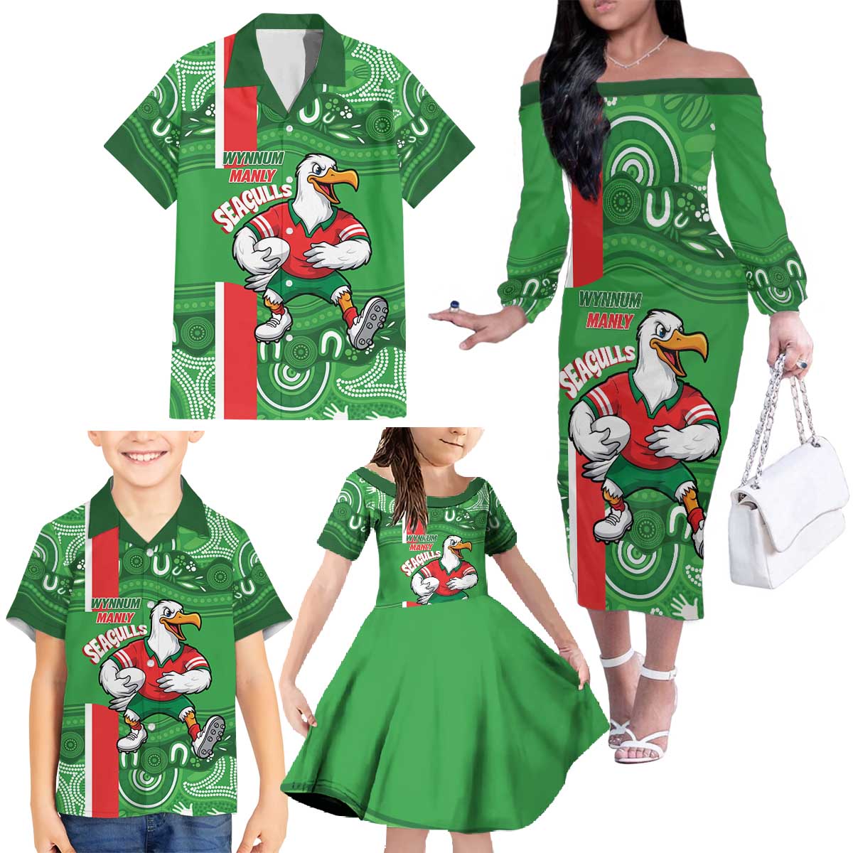 Wynnum Rugby Custom Family Matching Off The Shoulder Long Sleeve Dress and Hawaiian Shirt Go Manly Seagulls Aboriginal Art - Aussie Hoodie