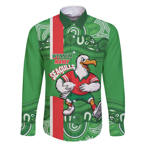 Wynnum Rugby Custom Family Matching Off The Shoulder Long Sleeve Dress and Hawaiian Shirt Go Manly Seagulls Aboriginal Art - Aussie Hoodie