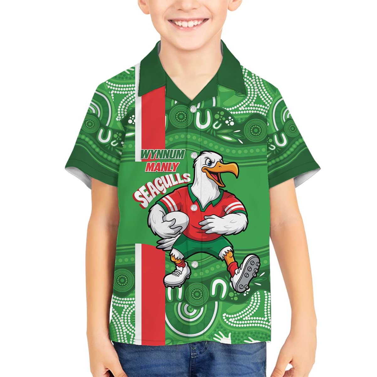Wynnum Rugby Custom Family Matching Off The Shoulder Long Sleeve Dress and Hawaiian Shirt Go Manly Seagulls Aboriginal Art - Aussie Hoodie