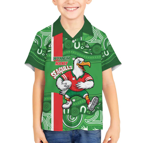 Wynnum Rugby Custom Family Matching Off The Shoulder Long Sleeve Dress and Hawaiian Shirt Go Manly Seagulls Aboriginal Art - Aussie Hoodie