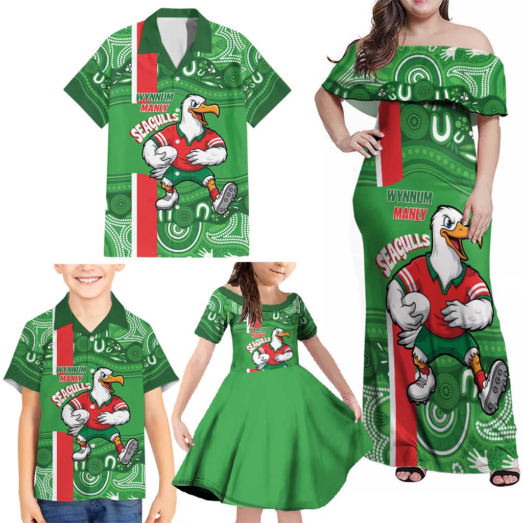 Wynnum Rugby Custom Family Matching Off Shoulder Maxi Dress and Hawaiian Shirt Go Manly Seagulls Aboriginal Art - Aussie Hoodie